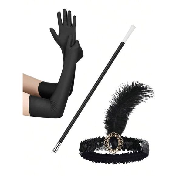 🖤✨ 5PCS 1920s Black Accessories Flapper Great Gatsby Retro Costume Set NEW - Picture 15 of 16